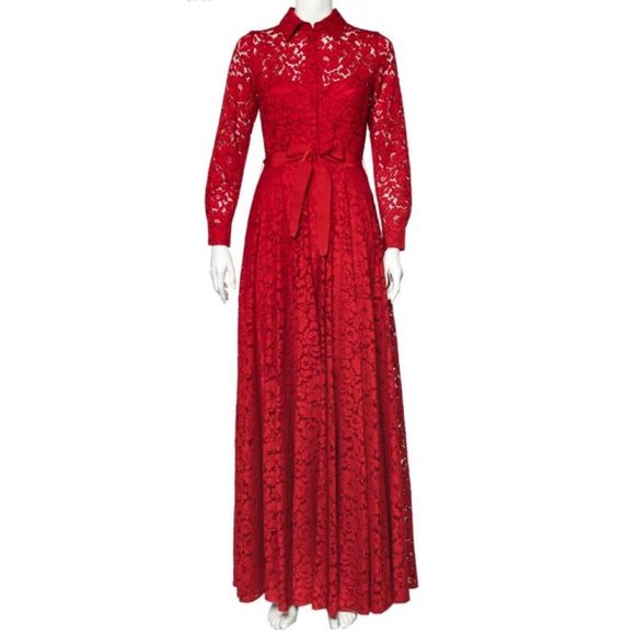 open lace back dress Red Long Sleeve Lace Gown (#Bella) main image 1